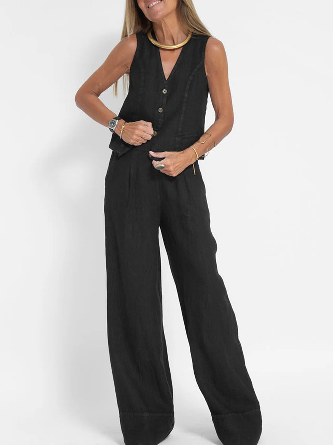 Marceline | Ensemble en lin sans manches avec gilet à col en V pour femme