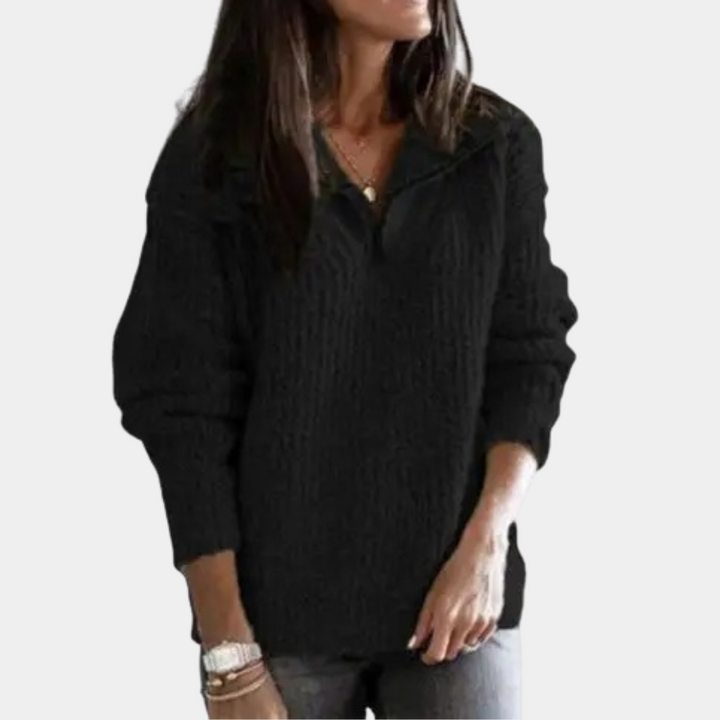 Damestrui met halve rits, zwart, comfortabel en stijlvol. Perfect voor casual en chique outfits. Ideaal voor herfst- en wintermode.
