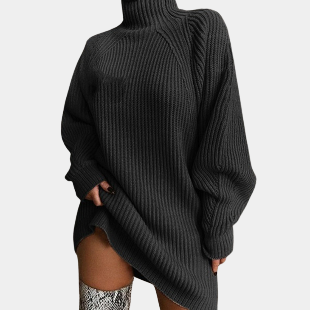 Grijze oversized gebreide trui met col, lange mouwen en ribbelpatroon. Modieuze dameskleding, perfect voor herfst- en winterseizoen.