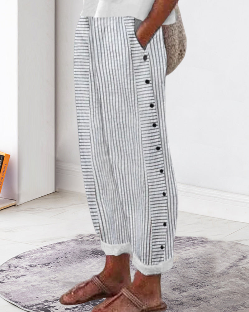 Mathilde | Pantalon à rayures et boutons sur les côtés pour femme